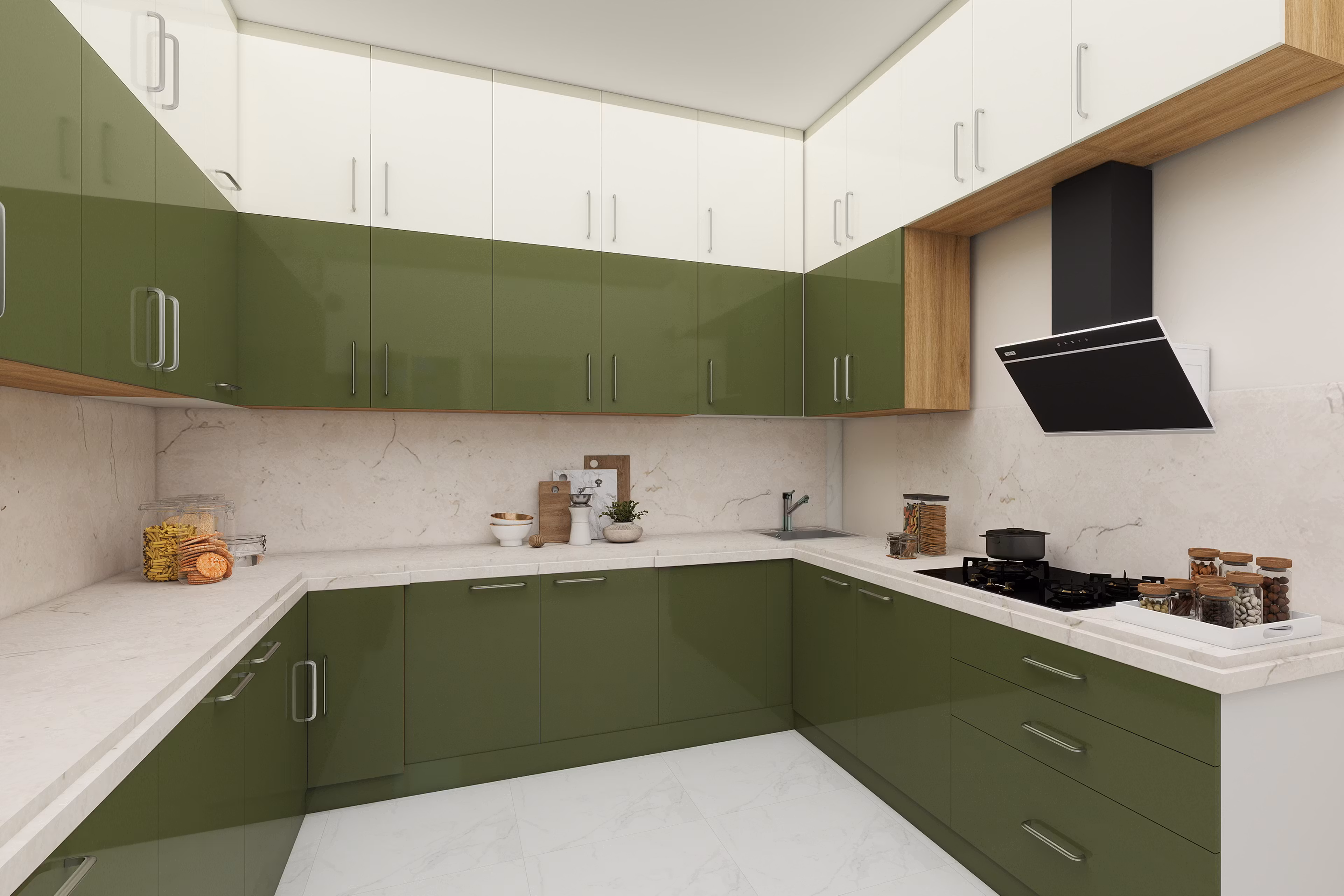 age green Contemporary U-Shaped Kitchen 